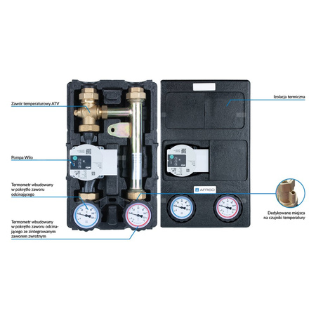 Grupa pompowa AFRISO PrimoTherm K 180-3 DN 25 GW 1'' x 1'', z zaworem mieszającym, z zaworem termostatycznym, z izolacją, z pompą obiegową Wilo Para SC 25/6