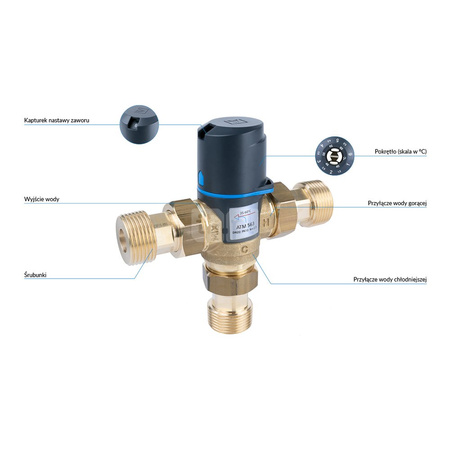 Zawór regulacyjny termostatyczny do wody ciepłej AFRISO ATM 563 ze śrubunkami mosiądz GZ 1'', DN 20, zakres temp. 35-60'C, Kvs 2.5 m3/h, maksymalna temperatura 90'C, maksymane ciśnienie 10 bar