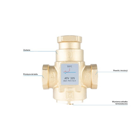 Zawór temp.powrotu kotła ATV 335, DN25, Rp1", 55°C, Kvs 9 m3/h-AFRISO
