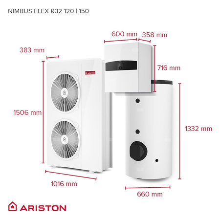 Pakiet - Pompa ciepła powietrzna powietrze-woda monoblok ARISTON NIMBUS FLEX M NET R32 11 kW 400 V + Moduł naścienny Sensys HD z łącznością Wi-FI + Zasobnik buforowy 200 l