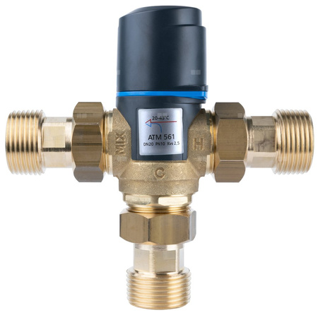 Zawór regulacyjny termostatyczny do wody ciepłej AFRISO ATM 561 ze śrubunkami mosiądz GZ 1'', DN 20, zakres temp. 20-43'C, Kvs 2.5 m3/h, maksymalna temperatura 90'C, maksymane ciśnienie 10 bar