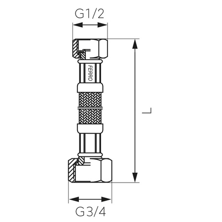 Wąż przyłączeniowy elastyczny FERRO z oplotem (stal), GW x GW, 1/2'' x 3/4'', długość 70 mm
