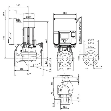 Pompa obiegowa WILO Stratos GIGA 2.0-I 125/1-7/2,2-S1 typu in-line z silnikiem znormalizowanym 50/60 Hz, moc silnika 2.1kW 3.6 A 1410 obr/min, wlot Kołnierz DN 125