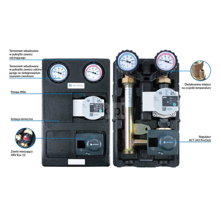 Grupa pompowa AFRISO PrimoTherm K 180-2 DN 25 WP 3-WM-R GZ x GW 1 1/2'' x 1'', z zaworem mieszającym, z izolacją, z pompą obiegową Wilo Para SC 25/6