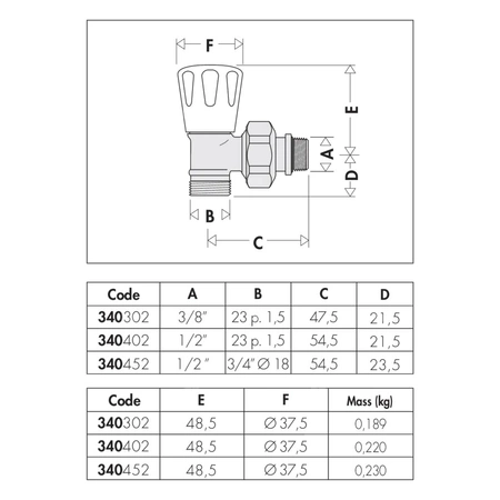 Grzejnikowy ręczny zawór kątowy do rur miedzianych oraz rur z tworzyw sztucznych 1/2" 23 p.1,5