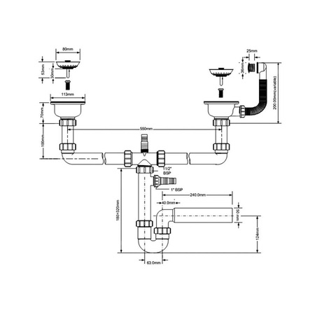 Syfon zlewozmywakowy rurowy podwójny 3,5"X50mm z podłączeniem pralki lub zmywarki, przelew