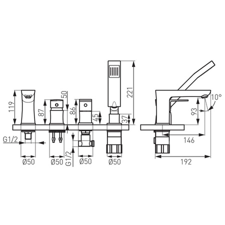 Bateria wannowa stojąca FERRO ALGEO SQUARE, kolor chrom, montaż czterootworowa