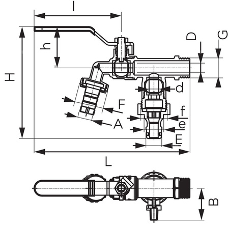 Zawór kulowy FERRO F-Comfort z dwoma przyłączami czerpalny 3/4'' x 1'' GZ x szybkozłącze, uchwyt: dźwignia
