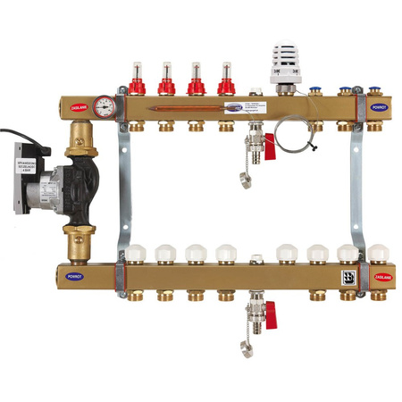 Układ DRS/E wyposażony w energooszczędną pompę, rozdzielacz stalowy z pompowym układem mieszania do ogrzewania podłogowego i grzejnikowego w układzie zamkniętym