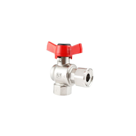 Zawór kulowy HERZ 2224 mosiądz niklowany, PN25 DN 20 GW x GZ z nakrętką kątowy, uchwyt: motylek