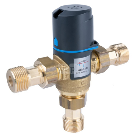 Zawór regulacyjny termostatyczny do wody ciepłej AFRISO ATM 341 ze śrubunkami mosiądz GZ 3/4'', DN 15, zakres temp. 20-43'C, Kvs 1.6 m3/h, maksymalna temperatura 90'C, maksymane ciśnienie 10 bar