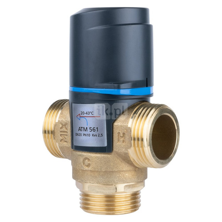 Zawór regulacyjny termostatyczny do wody ciepłej AFRISO ATM 561 ze śrubunkami mosiądz GZ 1'', DN 20, zakres temp. 20-43'C, Kvs 2.5 m3/h, maksymalna temperatura 90'C, maksymane ciśnienie 10 bar