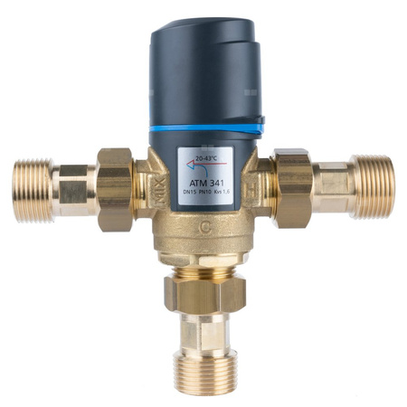Zawór regulacyjny termostatyczny do wody ciepłej AFRISO ATM 341 ze śrubunkami mosiądz GZ 3/4'', DN 15, zakres temp. 20-43'C, Kvs 1.6 m3/h, maksymalna temperatura 90'C, maksymane ciśnienie 10 bar