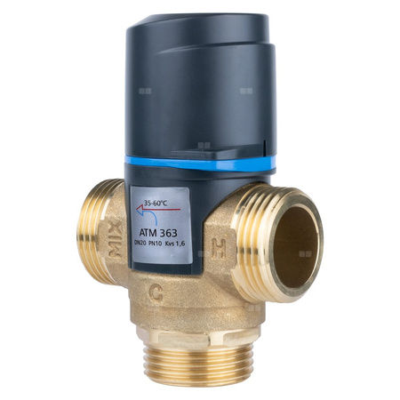 Zawór regulacyjny termostatyczny do wody ciepłej AFRISO ATM 363 ze śrubunkami mosiądz GZ 1'', DN 20, zakres temp. 35-60'C, Kvs 1.6 m3/h, maksymalna temperatura 90'C, maksymane ciśnienie 10 bar