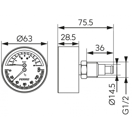 Termometr bimetaliczny FERRO fi 63 mm 120'C 6 bar połączenie aksjalny