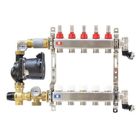 Rozdzielacz ze stali nierdzewnej do ogrzewania podłogowego CS-Rot05 5F, z grupą mieszająco-pompową, z pompą DAB Evosta2 65/130