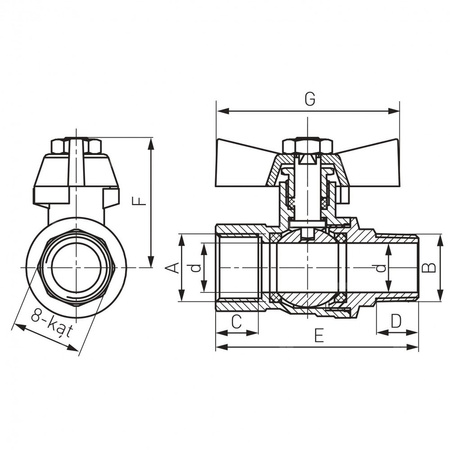 Zawór kulowy FERRO Herkules typ V17 1/2'' GW x GZ, uchwyt: motylek