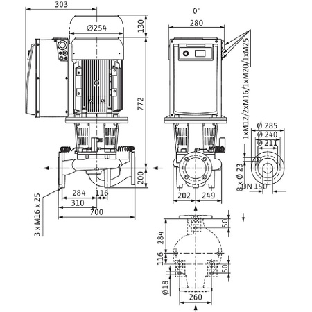 Pompa obiegowa WILO CronoLine-IL-E 150/190-5,5/4-S1 typu in-line z silnikiem znormalizowanym 50/60 Hz, moc silnika 5.5kW 9.6 A 1450 obr/min, wlot Kołnierz DN 150