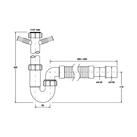 Syfon zlewozmywakowy rurowy 11/2"x50mm z podłą.pralki lub zmywarki, podłączeniem uniwersalnym bez spustu