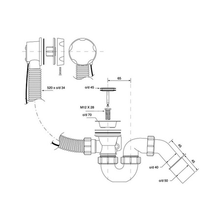 Zestaw odpływ-przelew.wannowy z odejściem 40/50mm,z mechanizmem autom. pokrętło mosiądz SATYNA