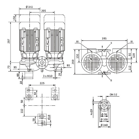 Pompa obiegowa WILO VeroTwin-DPL 32/135-0,25/4 typu in-line z silnikiem znormalizowanym 50 Hz, moc silnika 0.25kW 0.69 A 1450 obr/min, wlot Kołnierz DN 32