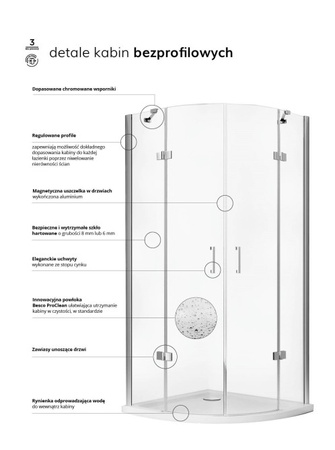Kabina VIVA PÓŁOKRĄGŁA 90 x 90 x 195 szkło przejrzyste - Besco