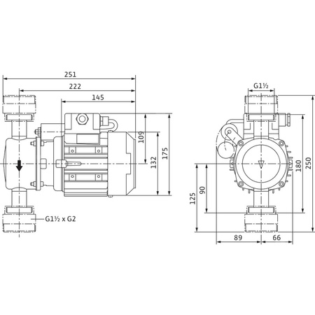 Pompa obiegowa WILO VeroLine-IP-Z 25/6 EM typu in-line z silnikiem znormalizowanym 50 Hz, moc silnika 0.18kW 1.45 A 2600 obr/min, wlot GZGW 1 1/2''