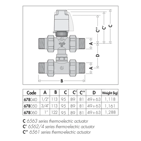 Trójdrożny zawór strefowy z obejściem współpracujący z siłownikami termoelektrycznymi serii 6563, 6561, 6562 i 6564 1/2"