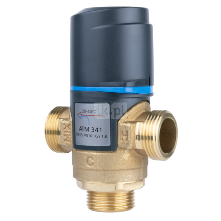 Zawór regulacyjny termostatyczny do wody ciepłej AFRISO ATM 341 ze śrubunkami mosiądz GZ 3/4'', DN 15, zakres temp. 20-43'C, Kvs 1.6 m3/h, maksymalna temperatura 90'C, maksymane ciśnienie 10 bar