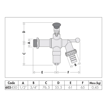 ICECAL - Zawór czerplny, kulowy z urządzeniem zabezpieczającym przed zamarzaniem 1/2" GZ x 3/4" GZ z króćcem do węża