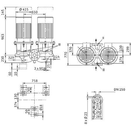Pompa obiegowa WILO CronoTwin-DL 150/325-30/4-S1 typu in-line z silnikiem znormalizowanym 50 Hz, moc silnika 30kW 54.3 A 1450 obr/min, wlot Kołnierz DN 150
