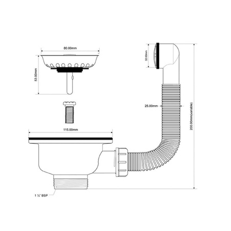 Spust zlewozmywakowy 11/2"x113mm z sitkiem wyciąganym ze stali nierdzewnej, przelew okrągły