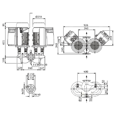Pompa obiegowa WILO CronoTwin-DL-E 40/170-5,5/2-S1 typu in-line z silnikiem znormalizowanym 50/60 Hz, moc silnika 5.5kW 10.7 A 2900 obr/min, wlot Kołnierz DN 40