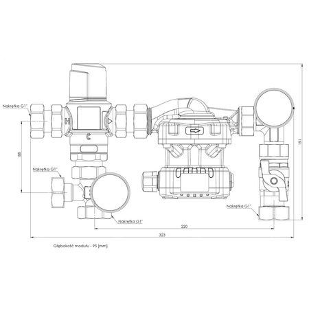 Grupa pompowa AFRISO BTU 502 AP nakrętka x nakrętka 1'' x 1'', z zaworem termostatycznym, z pompą obiegową AFRISO APH 160 15-7/130 mm