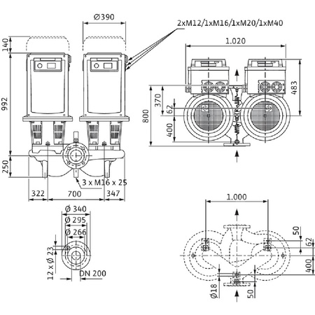 Pompa obiegowa WILO CronoTwin-DL-E 200/260-22/4-S1 typu in-line z silnikiem znormalizowanym 50/60 Hz, moc silnika 22kW 37.5 A 1450 obr/min, wlot Kołnierz DN 200