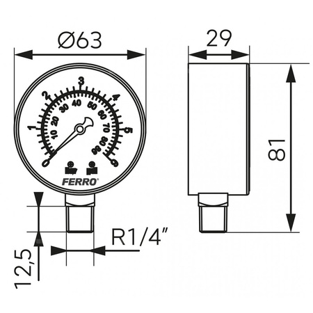 Manometr z rurką Bourdona FERRO 0/6 bar radialne 1/4'' fi 63 mm