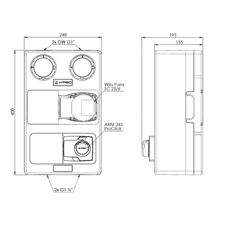 Grupa pompowa AFRISO PrimoTherm K 180-2 DN 25 WP 3-WM-SM GZ x GW 1 1/2'' x 1'', z zaworem mieszającym, z izolacją, z pompą obiegową Wilo Para SC 25/6, z siłownikiem arm 343 proclick