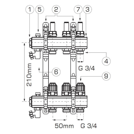 Rozdzielacz do ogrzewania podłogowego FERRO RZP03S 3-obieg. mosiądz GW 1'' x GZ 3/4'' + przepływomierz + termostat