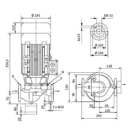 Pompa obiegowa WILO VeroLine-IPL 32/125-1,1/2-IE3 typu in-line z silnikiem znormalizowanym 50 Hz, moc silnika 1.1kW 2.41 A 2900 obr/min, wlot Kołnierz DN 32