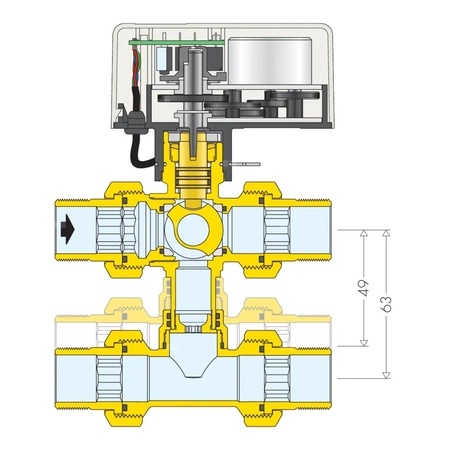 Trójdrożny kulowy zawór strefowy z trójnikiem obejściowym, z napędem 3/4"-230V