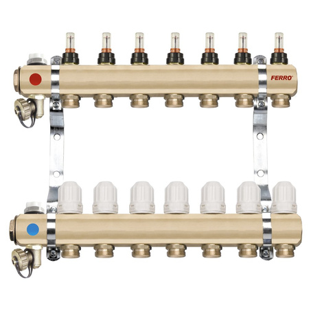 Rozdzielacz do ogrzewania podłogowego FERRO RZP08S 8-obieg. mosiądz GW 1'' x GZ 3/4'' + przepływomierz + termostat