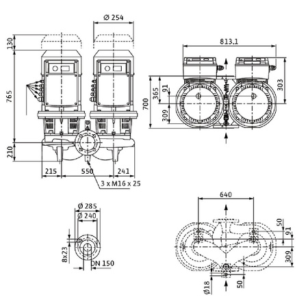 Pompa obiegowa WILO CronoTwin-DL-E 150/190-5,5/4-S1 typu in-line z silnikiem znormalizowanym 50/60 Hz, moc silnika 5.5kW 10.2 A 1450 obr/min, wlot Kołnierz DN 150