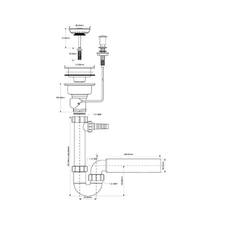 Syfon zlewozmywakowy rurowy 3,5"x50mm z podłączeniem do pralki lub zmywarki, spust z mech.automatycznym