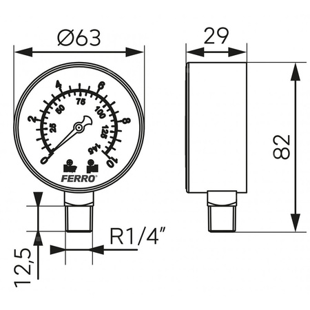 Manometr z rurką Bourdona FERRO 0/10 bar radialne 1/4'' fi 63 mm