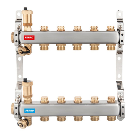 Rozdzielacz 5-drogowy (do systemów c.o. i c.w.u.) z zaworami odcinającymi obwody, stal nierdzewna