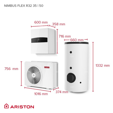 Pakiet - Pompa ciepła powietrze-woda split ARISTON NIMBUS FLEX S NET R32 5 kW 230 V + Moduł naścienny SENSYS HD + Zasobnik c.w.u. 190 l + Moduł komunikacji internetowej (aplikacja Ariston Net)