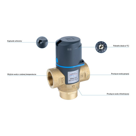 Zawór regulacyjny termostatyczny do wody ciepłej AFRISO ATM 331 mosiądz GW 3/4'', DN 20, zakres temp. 20-43'C, Kvs 1.6 m3/h, maksymalna temperatura 90'C, maksymane ciśnienie 10 bar