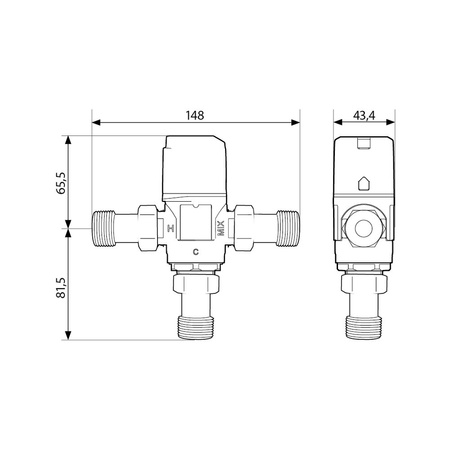 Zawór regulacyjny termostatyczny do wody ciepłej AFRISO ATM 341 ze śrubunkami mosiądz GZ 3/4'', DN 15, zakres temp. 20-43'C, Kvs 1.6 m3/h, maksymalna temperatura 90'C, maksymane ciśnienie 10 bar