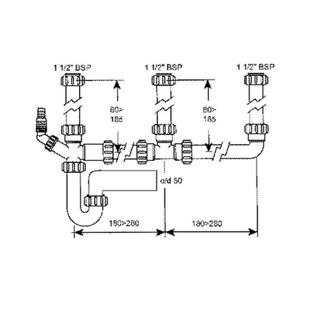 Syfon zlewozmywakowy wielofunkcyjny 11/2"x50 z podłączeniem pralki i zmywarki bez spustu