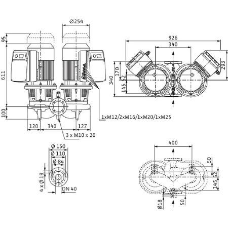 Pompa obiegowa WILO CronoTwin-DL-E 40/170-5,5/2 R1 IE4 typu in-line z silnikiem znormalizowanym 50/60 Hz, moc silnika 5.5kW 10.7 A 2900 obr/min, wlot Kołnierz DN 40